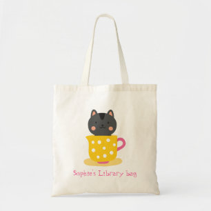 Kid's name cute cat teacup book library bag