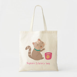 Kid's name cute cat teacup book library bag