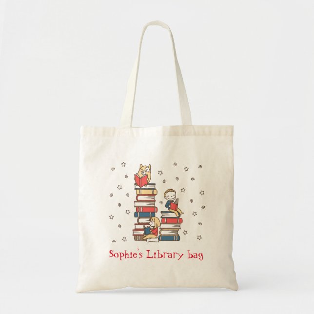 Kid's name cute fantasy book library bag (Front)