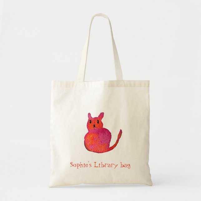 Kid's name cute fat cat book library bag (Front)