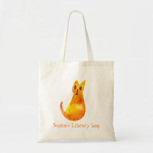 Kid's name cute ginger cat book library bag