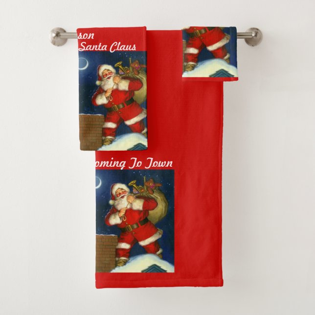 Kid's Name  Her Comes Santa Claus Christmas Bath Towel Set (Insitu)