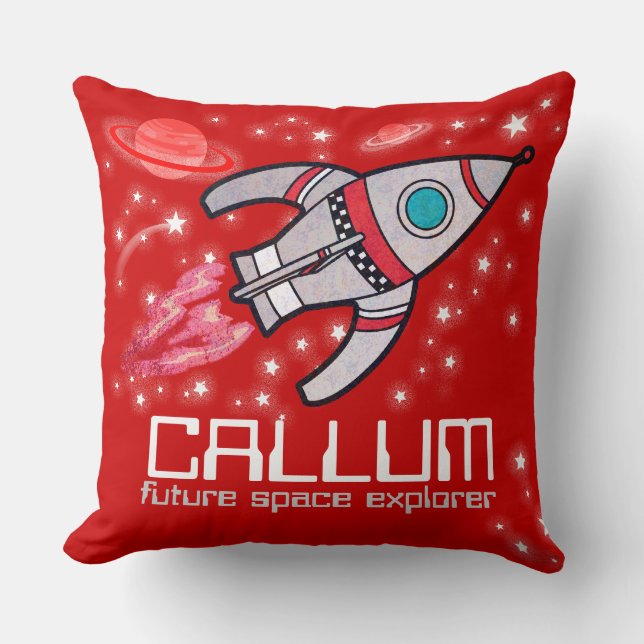 Kids name rocket space explorer red pillow (Front)