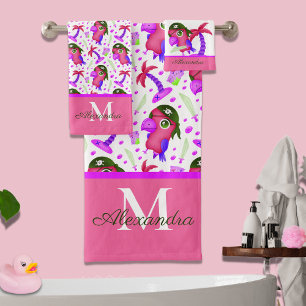 Kid's Nautical Pink Purple Pirate Parrot  Bath Towel Set