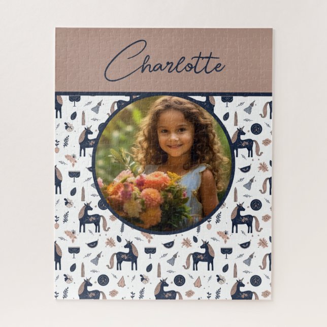 Kids Navy Beige Unicorn Custom Photo with Name Jigsaw Puzzle (Vertical)