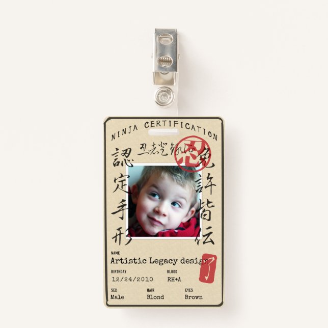 Kids Ninja ID (Customize image & text!) ID Badge (Front with Clip)