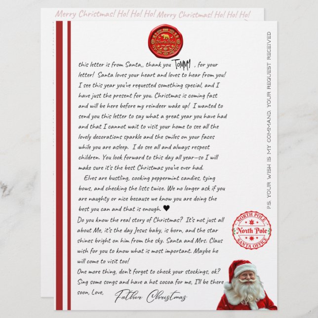 Kid's North Pole Comfirmation Letter From Santa (Front/Back)