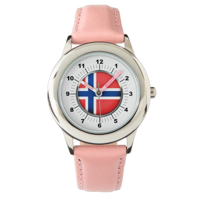Kid's Norway Flag  Pink Leather Strap Watch (Front)