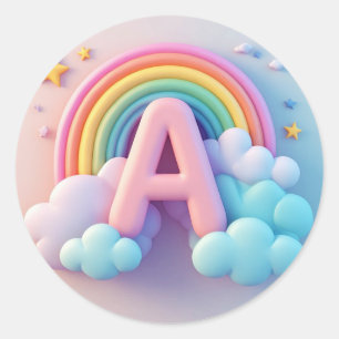 🧸 Kids Nursery Letter A Rainbow Clouds Pastel 3D  Classic Round Sticker