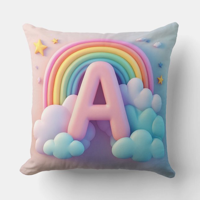 🧸 Kids Nursery Letter A Rainbow Clouds Pastel 3D  Cushion (Front)