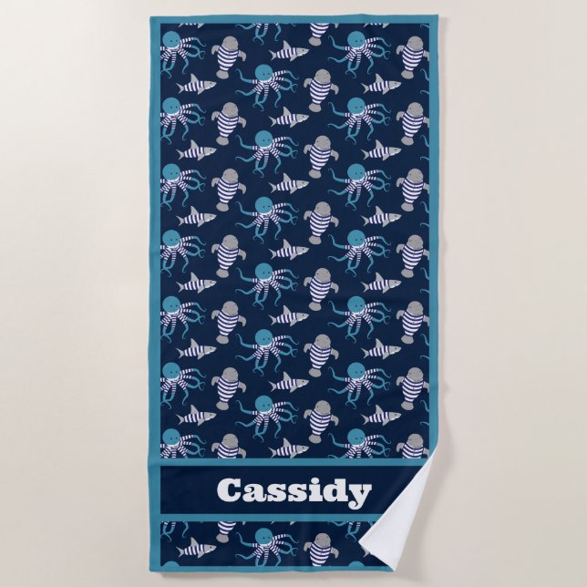 Kids Ocean Animals Swimsuits Name Beach Towel (Front)