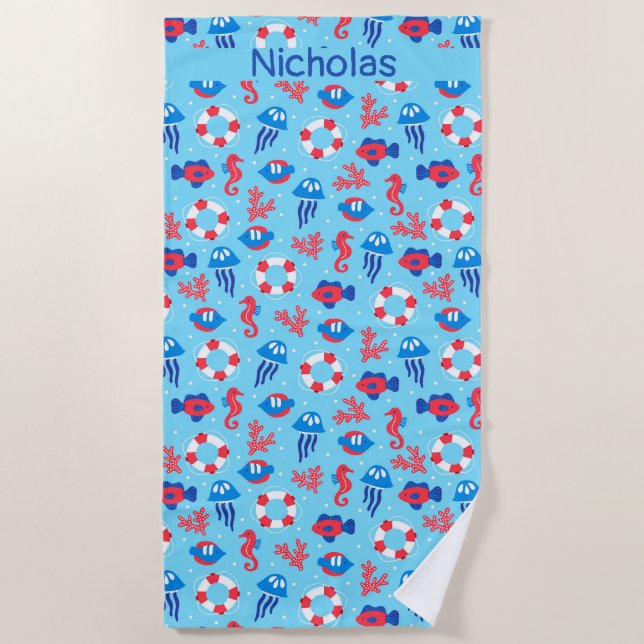 Kids Ocean Elements Pattern Personalised Beach Towel (Front)