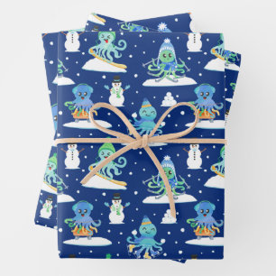 Kids Octopus Winter Sports Funny Animal Wrapping  Paper Sheet