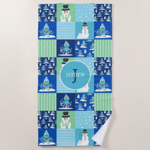 Kids Octopus Winter Sports Patchwork Personalised  Beach Towel