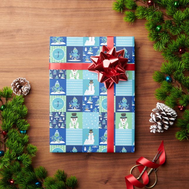 Kids Octopus Winter Sports Patchwork Personalised Wrapping Paper (Holiday Gift)
