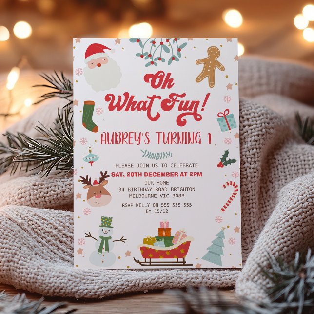 Kids Oh What Fun Christmas Themed Birthday  Invitation (Oh What Fun Oh Christmas Birthday Party Invitation, Retro 1st Birthday, Winter Holiday, Sleigh, )