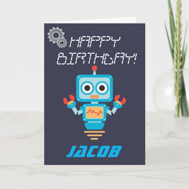 Kids or Boys Personalised Robot Birthday Card (Front)