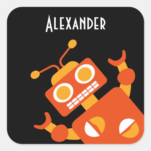 Kids Orange Black Robot Personalised Cool Modern Square Sticker (Front)