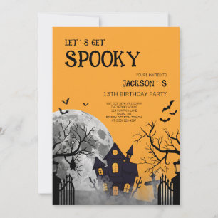 Kids Orange Let´s Get Spooky 13th Birthday Party Invitation