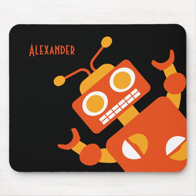 Kids Orange Robot Personalised Cool Modern Boys Mouse Pad (Front)