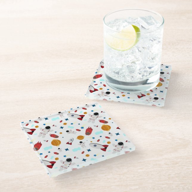 Kid's Outer Space & Astronaut Pattern Glass Coaster (Angled)