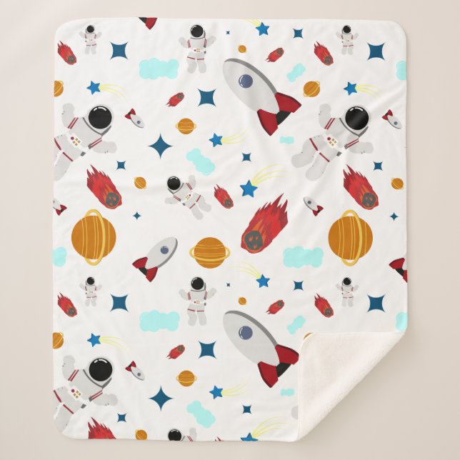 Kid's Outer Space & Astronaut Pattern Sherpa Blanket (Front)