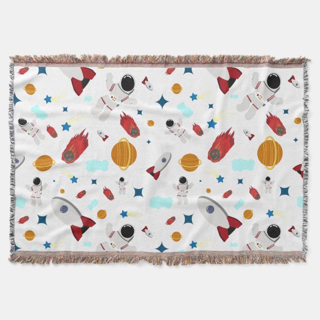 Kid's Outer Space & Astronaut Pattern Throw Blanket (Front)