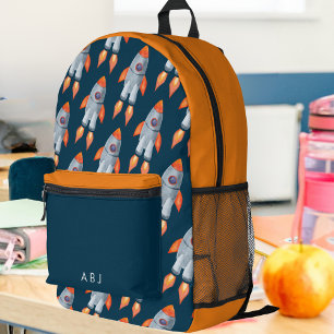 Kids Outer Space Rocket Monogrammed Printed Backpack
