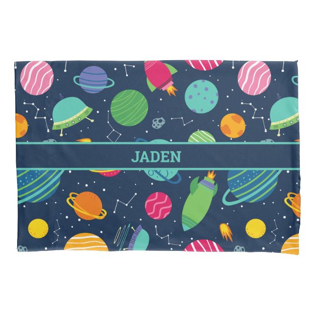 Kids Outer Space Rockets Planets Constellations Pillowcase (Front)