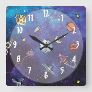 Kids Outer Space Square Wall Clock