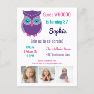 Kids Owl Birthday Party Cute Animal Custom Photo Invitation Postcard