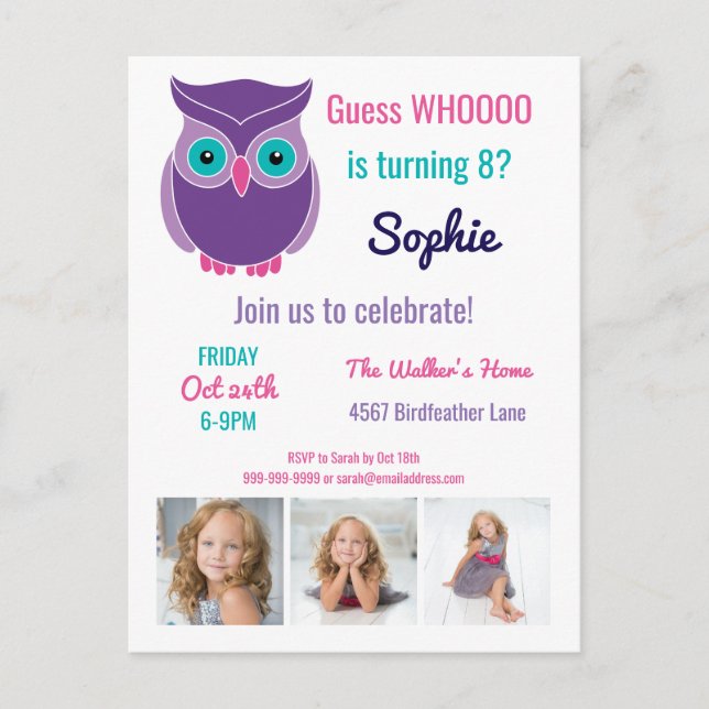 Kids Owl Birthday Party Cute Animal Custom Photo Invitation Postcard (Front)