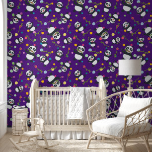 Kids panda polka dot pattern purple background wallpaper