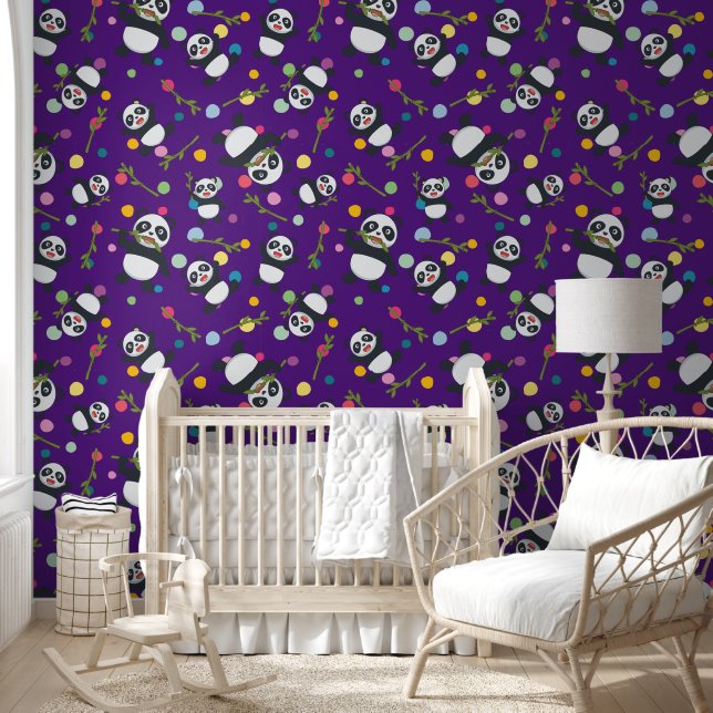 Kids panda polka dot pattern purple background wallpaper (Kids)