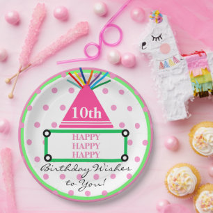 Kids Party Hat Green Pink Polka Dots Paper Plate