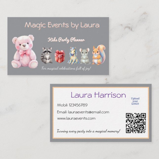 Kids Party Planner Pastel Teddy Bear QR Code Logo Business Card (Front/Back)