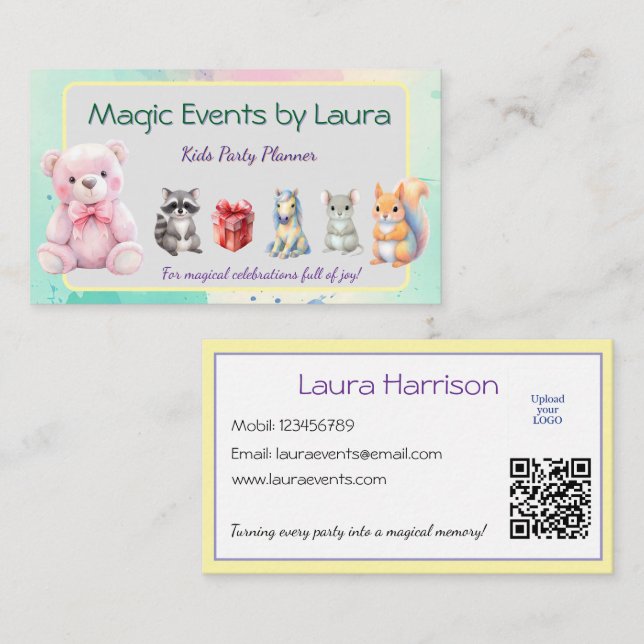 Kids Party Planner Pastel Teddy Bear QR Code Logo Business Card (Front/Back)
