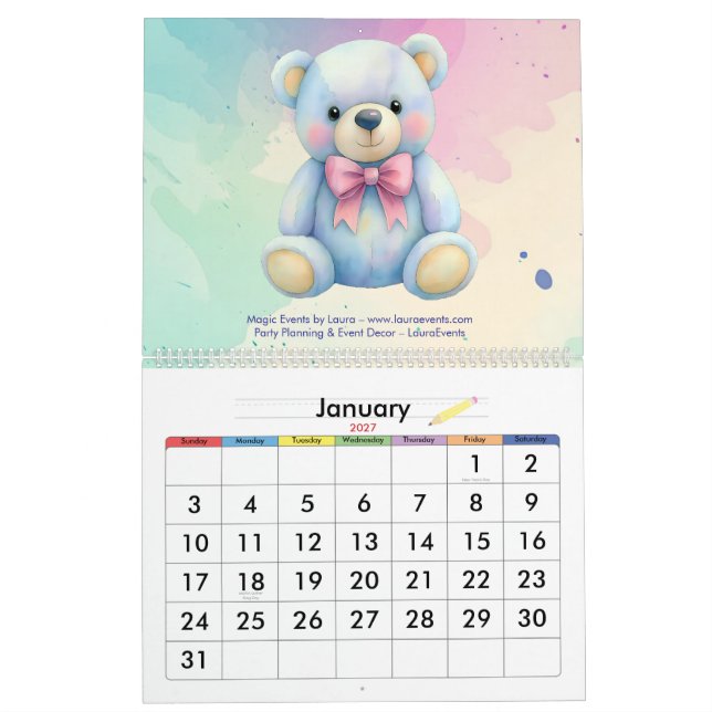 Kids Party Planner Pastel Teddy Bear QR Code Logo Calendar (Jan 2027)