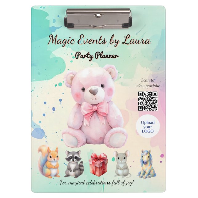 Kids Party Planner Pastel Teddy Bear QR Code Logo Clipboard (Front)