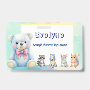 Kids Party Planner Pastel Teddy Bear QR Code Logo ID Badge