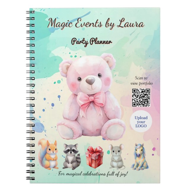Kids Party Planner Pastel Teddy Bear QR Code Logo Notebook (Front)