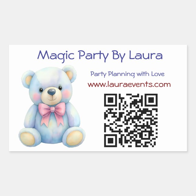 Kids Party Planner Pastel Teddy Bear QR Code Logo Rectangular Sticker (Front)