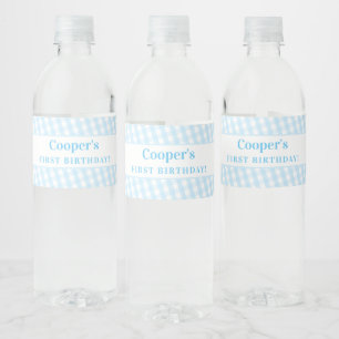KIDS PARTY vintage gingham pattern boy pale blue Water Bottle Label