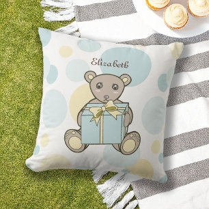 Kids Pastel Blue and Yellow Teddy Bear Outdoor Cushion