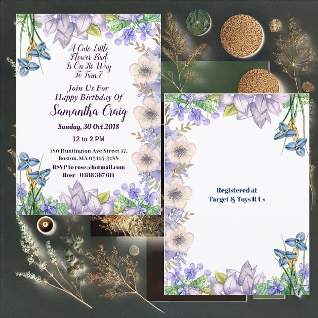 Kids Pastel Blue Little Flower Bud Floral Birthday Invitation (Kids Pastel Blue Little Flower Bud Floral Birthday Invitation)