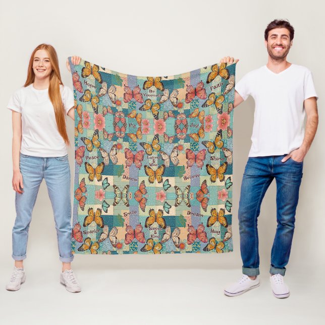 Kids' Pastel Butterflies & Floral Pattern Fleece Blanket (In Situ)