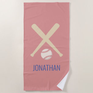Kids Personalised Baseball Sports Blue Red Beach Towel