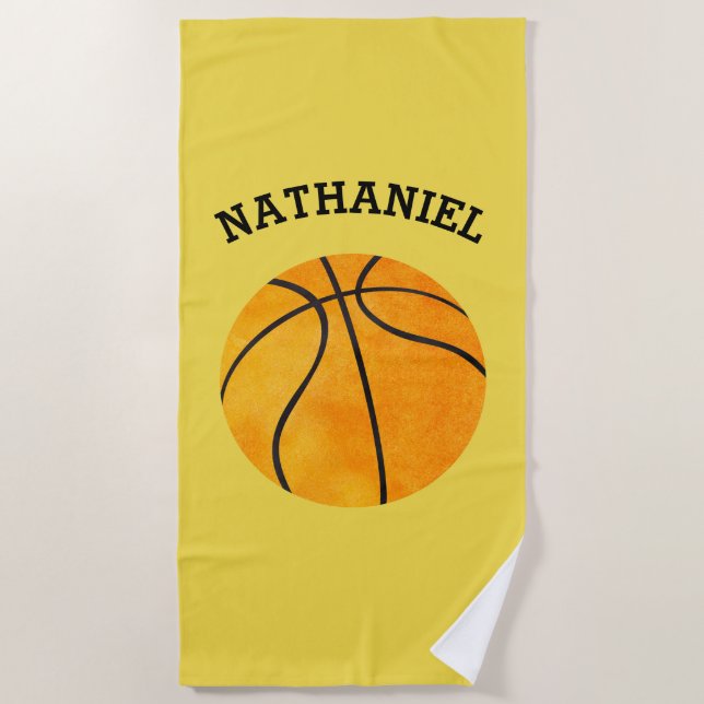 Kids Personalised Basketball Sports Orange Yellow Beach Towel (Front)