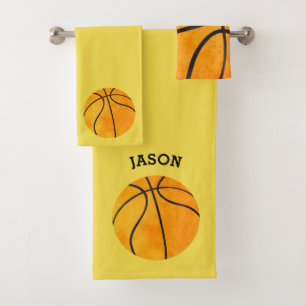 Kids Personalised Basketball Sports Yellow Bath Towel Set