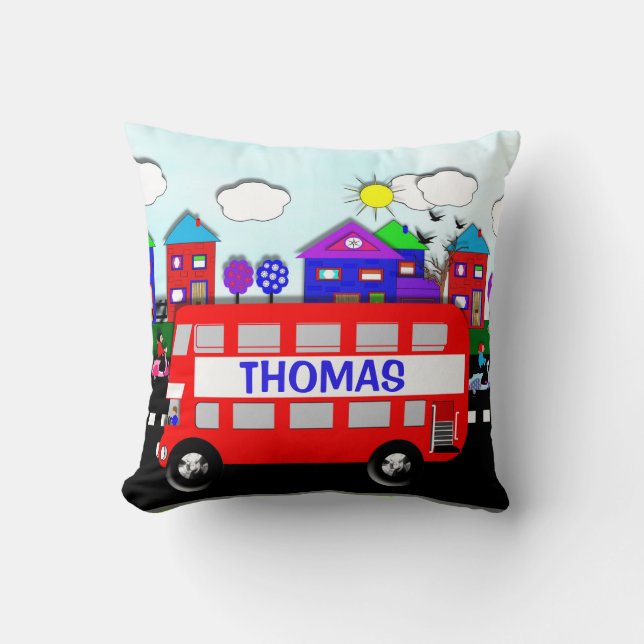 Kids Personalised Big Red Bus Cushion (Front)